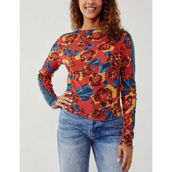 Free People Mash Up Tee Long Sleeve XL Red Combo Floral Stripe Patchwork Top - Picture 3 of 15